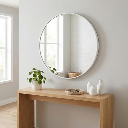 Image of HARRITPURE Round Mirror 20 inch White Wall Mounted Circle Mirrors Vanity Mirror with Brushed Aluminum Alloy Frame Modern Decoration for Bathroom, Living Room, Vanity, Bedroom, Entryway