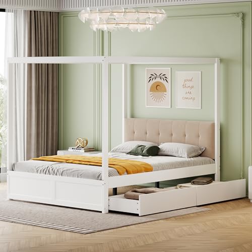 YESGIGA Himmelbett140x200 cm mit großen Schubladen und weicher Rückenlehne, Holz Bett weiß