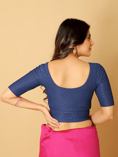 Image of Amazon Brand - Anarva Round Neck Dobby Cotton Lycra Stretchable Elbow Half Sleeve Readymade Saree Blouse for Women Stylish