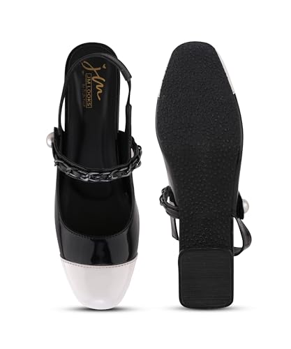 Image of JM LOOKS Women's Elegant Block Heel Slingback Pumps with Decorative Chain and Pearl Accent Detail Straps