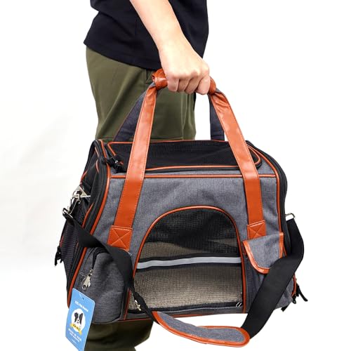Trasportino per cani e gatti, borsa porta-cane traspirante per animali domestici, trasportino da viaggio con ventilazione, tasche laterali, due porte con tracolla per auto (grigio, 24x28x43cm)