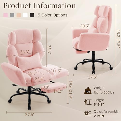 Image of Office Chair with Flip Armrests,Big and Tall Office Chair with Foot Rest,Extra Wide Seat & Lumbar Pillow,Comfy Criss Cross Chair for Pets Sitting,Ergonomic Computer Gaming Chair,Teddy Fleece,Pink