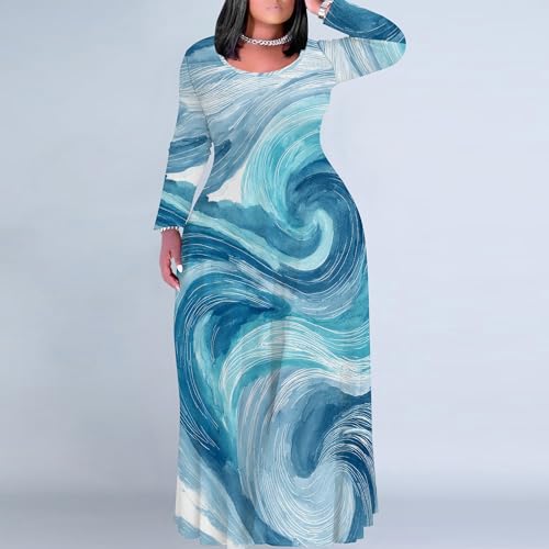 Image of PinkPatty Plus Size Maxi Dress for Curvy Women Crew Neck Long Sleeves Casual Dress Vacation Sundresses with Pockets
