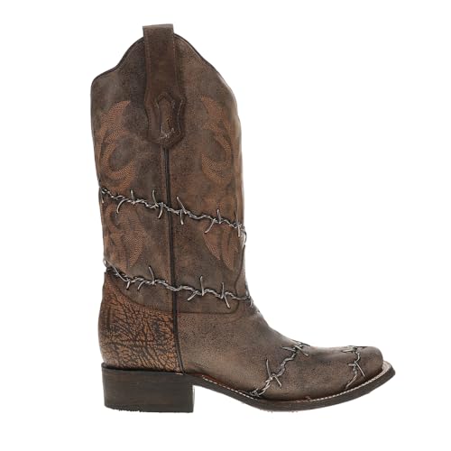 CORRAL LADIE'S BROWN BARBED WIRE WOVEN SQ. TOE RODEO COLLECTION, LEATHER SOLE, WESTERN A3815
