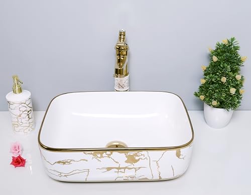 Image of LUXART Rectangular Ceramic Vessel Sink, White with Gold Marble Pattern Design, 16 x 12 x 6 Inch Luxury Tabletop Wash Basin for Bathroom Vanity, Hotel & Guest Rooms