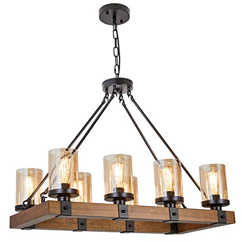 foucasal Farmhouse Wood Chandelier for Dining Room, 8-Light Large Vintage Rectangle Kitchen Island Lighting with Glass Shade, Rustic Living Room Pendant Light Fixtures Hanging Lighting (Brown)