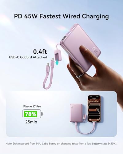 Image of INIU Slimmest Power Bank for MagSafe, 10000mAh Qi2.2 Certified 25W Wireless & 45W Wired USB C Fast Charging Portable Charger, Flight-Safe Travel Phone Magnetic Battery Pack for iPhone etc, Purple