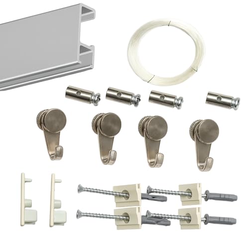 Pack Basic RM para Colgar Cuadros | Barra Guía de 150 cm de Aluminio Blanco o Plata | 4 Ganchos Nylon hasta 15 kg | Soporta 35 kg/ml | Incluye Tacos y Tornillos (Guia de Aluminio de Plata)