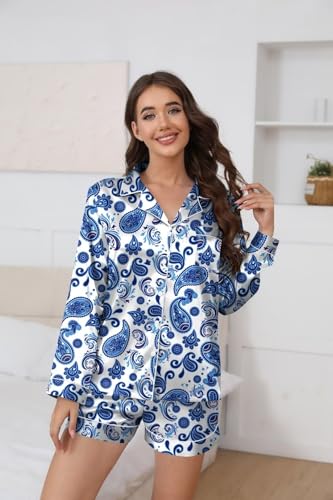 Ekouaer Satin Pajama Set for Women Button Down Pj Set Long Sleeve Top and Shorts 2 Piece Loungewear Summer Soft Sleepwear — view 4