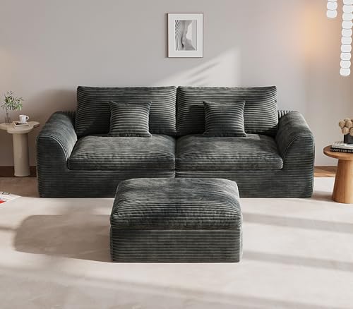 Image of Boneless Couch 91 inch Cloud Sofa 3-Seater Sectional Couches for Living Room, L-Shape Sofa with Ottoman, Comfy Flannel Fabric Oversized Loveseat Recliner Lounge Chaise with 2 Throw Pillow