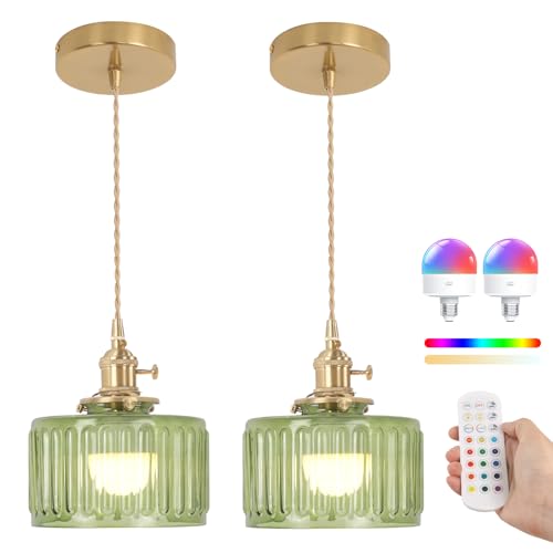 Shenmoyl Battery Operated Pendant Light 5000mAh Rechargeable Chandelier with Remote Control Wireless Adjustable Hanging Green Striped Light for Kitchen Island Dining Room Hallway 2 Pack