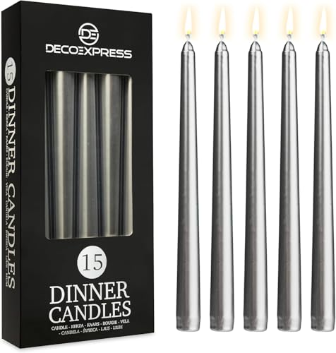 DECO EXPRESS Candele Lunghe Pacco da 6/10/15/50 - Candele 8 Ore Lunga Durata Candele per Candelabro Non profumato (Argentato - Pacco da 15)