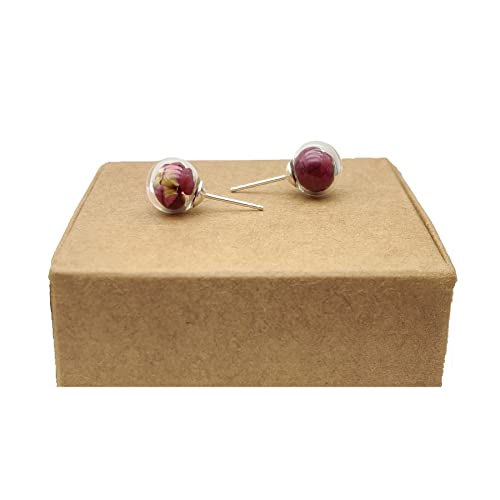 Cairui Design - Rouge Roses Naturel Vraie Fleur Boule Verre Argent Sterling 925 Boucles d'oreilles Clous et puces Femmes Handmade Amour Romantique