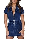 Wenrine Womens Summer Denim Dresses Bodycon Zipper Front Belted Sexy Mini Casual Dress with Pockets Blue