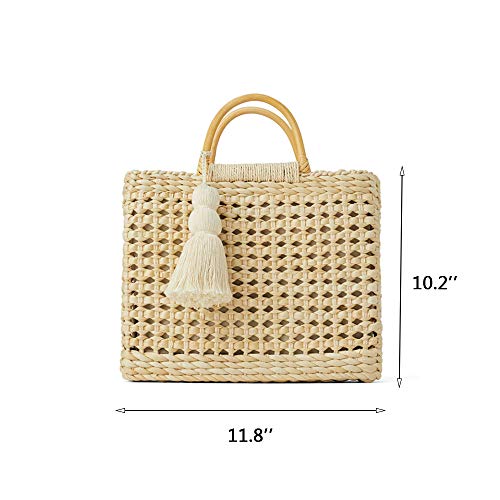 Qtkj Fashion Women Summer Straw Crossbody Bag With Cute Tassels Pendant, Hand-Woven Beach Shoulder Bag With Top Wooden Handle Tote Bag (Beige) #TOP1