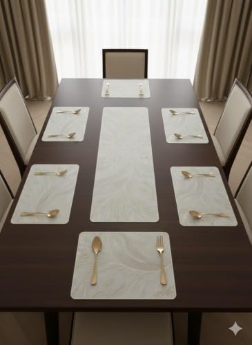 Image of Dakshya Industries Luxury Leaf Design Table Mats Set of 7 | PVC Waterproof Dining Placemats with Center Runner