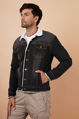 Image of Men's Winter Wear Faux Fur Denim Jacket | Stylish Denim Jacket For Men | Full Sleeve Faux Fur Lined Warm Jacket Dark Grey