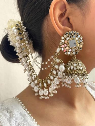 Image of Shining Diva Fashion Earrings for Women Girls Stylish Fancy Traditional Jhumka Jhumki Bahubali Kundan Pearl Ear Chain