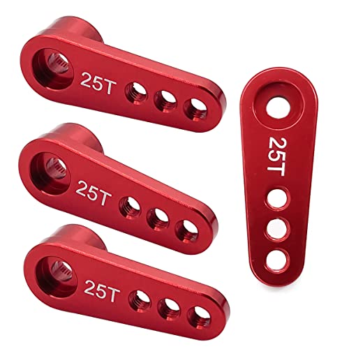 Yaohappy 4Pcs 25T Aluminum Servo Horn, Compatible with Futaba Savox Power HD HSP Servos, Fit for 1/8 1/10 RC Models, Red, 28.5mm Head Size