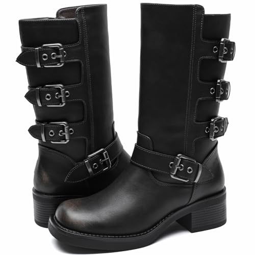 Image of GLOBALWIN Chunky Mid Calf Fashion Dressy Motocycle Biker Military Style Combat Boots for Women Low Heel