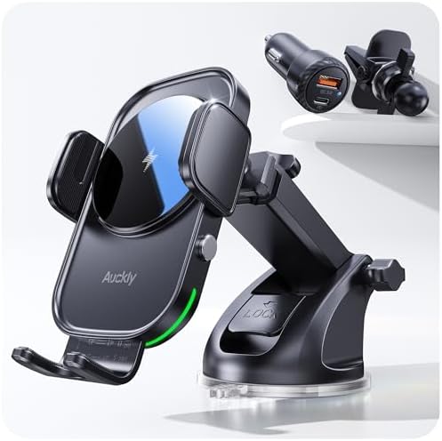 Auckly Car Phone Holder Wireless Charger,【60W PD+QC+Sucker+Clip】 Qi 15W Fast Wireless Car Charger Automatic Sensor Phone Vent Mount Compatible for iPhone 12/13/14/15/16 Pro Max Plus Mini etc