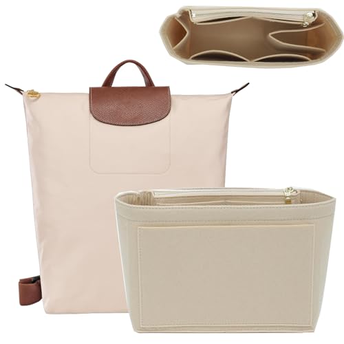 OAikor Felt Backpack Organizer Insert Compatible with Longchamp Le -Pliage Xtra/Green/Original M Backpack and More, 10 Compartments with Cup Holder & Zipper Pocket (Beige/MB)