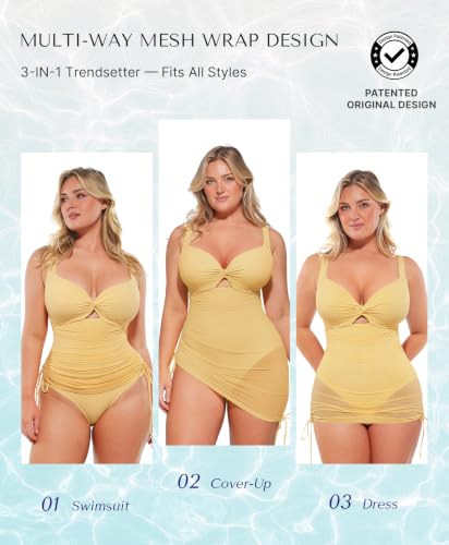 Image of SHAPELLX Tummy Control One Piece Swimsuit with Mesh Wrap Skirt Swim Dress