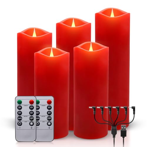 ALED LIGHT Recargable sin llama Vela, Intermitente Realista, Vela roja Led usb columna vela con control remoto, ideal para la decoración del hogar regalo creativo, pack 5