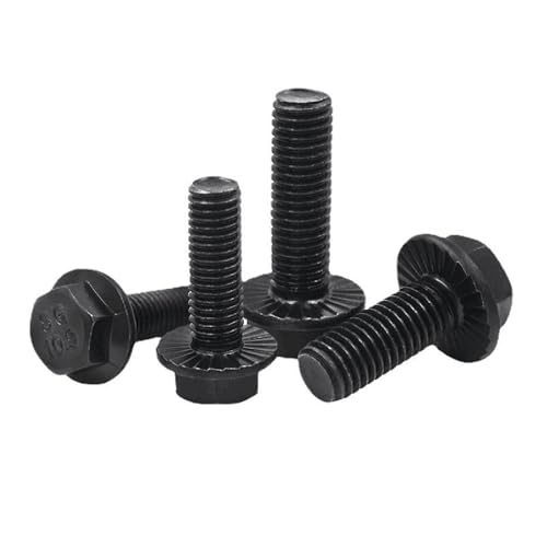Image of 12Pcs M6-1.0 x 45mm Hex Serrated Flange Bolts, Hex Serrated Flange Screws, Full Thread, Grade 10.9 Carbon Steel with Black Oxide Finish