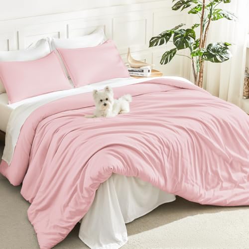 Image of Litanika Pink Comforter Set Queen Size, 3 Pieces Lightweight Soft Fluffy Solid Bedding Set, All Season Bed Set (90x90In Comforter & 2 Pillowcases)