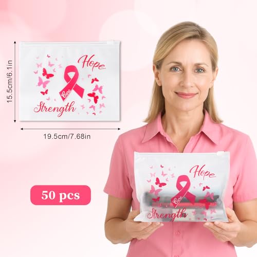 50pcs Breast Awareness Items Makeup Bags, 7.68x6.1in EVA Material Waterproof Pink Ribbon Cosmetic Travel Toiletry Bag for Female Inspirational Gift Woman Make Up Pouch Accessories ﻿2