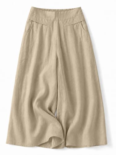 Image of Women's Relaxed Fit Pure Cotton Linen Flared Palazzo Pants for Woman | Wide Leg Casual Trousers with Pockets | Plazo Pants for Women | High Waisted Office & Travel Wear (Available in Plus Sizes)