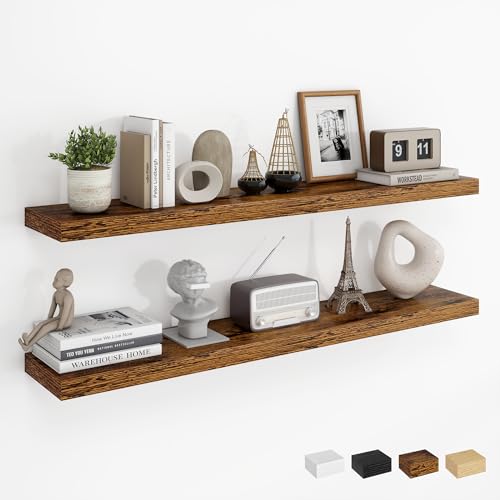 Dreamland 40Inch Floating Shelves for Wall Rustic Wooden Storage Shelf for Living Room Kitchen Farmhouse Wall Mounted Display Shelving with Invisible Heavy-Duty Metal Bracket Set of 2 - Brown