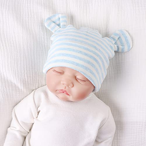 Image of Original Cotton Newborn Hats for Girls Striped Preemie Baby Hats Bear Ears Infant Boys Beanies 0-6 Months