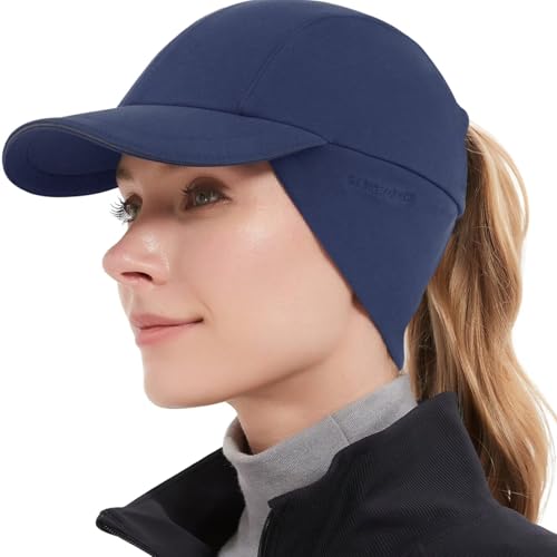 GADIEMKENSD Winter Fleece Hats Reflective Ponytail Hat for Women Baseball Caps with Earflap Drop Down Ear Warmer Men's Skull Cap Beanie with Visor Cold Hat for Outdoor Hiking Running Snow Ski Navy