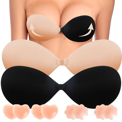 2026 Push Up Sticky Bra,2 Pack Adhesive Invisible Backless Bra, 4 Pairs of Nipple Covers, Reusable, Suitable for Women, Stylish and Fashionable Black