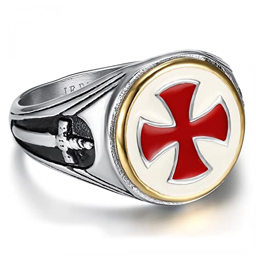 BOBIJOO Jewelry - Bague Chevalière Templier Homme Acier Inoxydable Argent Email Or Croix Rouge épée 16mm - 58 (8 US), Acier Inoxydable 316