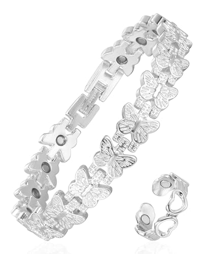 Fashtour Copper Bracelet and Ring Set for Women, 99.99% Pure Copper with Butterfly Design & Matching Adjustable Heart Ring – 3800 Gauss Magnets, Includes Sizing Tool & Gift Box