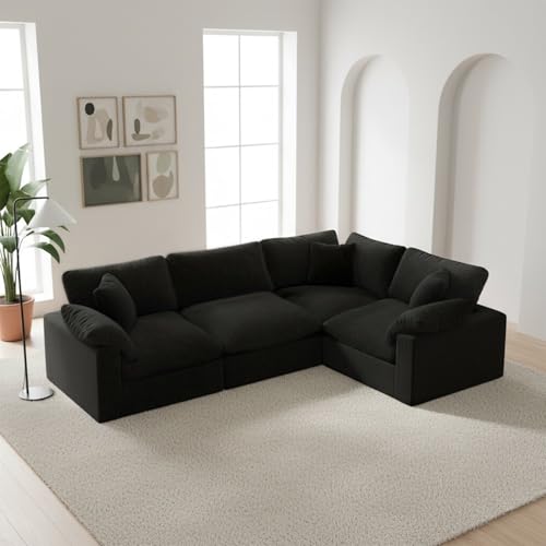 Image of Modular Sectional Sofa, 4 Seater Cloud Couch,Down Filled Comfy Cloud Modern Sofa,Black Linen Oversized Couch Cushion Covers Removable for Living Room