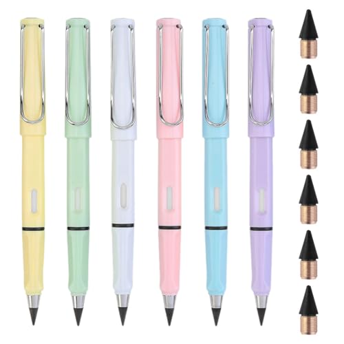 LEEQ 6pcs Lapiz Infinito - Lapiz Eterno sin Tinta para la Escritura de los Estudiantes, Lapiz Eterno con 6 Gomas de borrar y 6 Minas de Repuesto, la cartografía técnica, Dibujo, Regalo