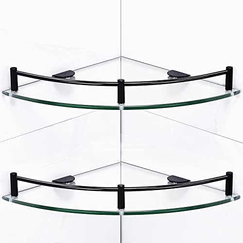 2 tier glass corner shelves - Halyuhn 2 Tier Glass Bathroom Shelf Wall Mounted, Glass Corner Shower Shelf for Bathroom with 6MM Thick Clear Tempered Glass, Glass Shelves for Shower with Black Stainless Steel Rail (2 Pack)