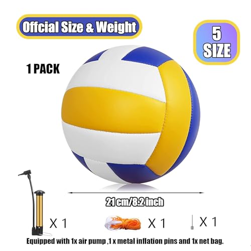 Image of Magicorange Volleyball, 1 Pack Official Size 5 Soft Touch Recreational Volleyballs- PU Leather Indoor Outdoor Volleyballs for Beach Play, Game,Gym,Training -Includes Ball Pump (Blue Yellow)