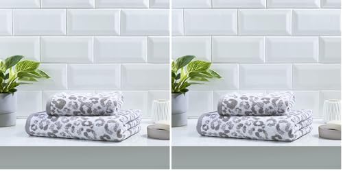 Image of Fusion Bathroom - Animal Print - 100% Cotton Jacquard Hand Towel - 50 x 90cm in Grey (Pack of 2)