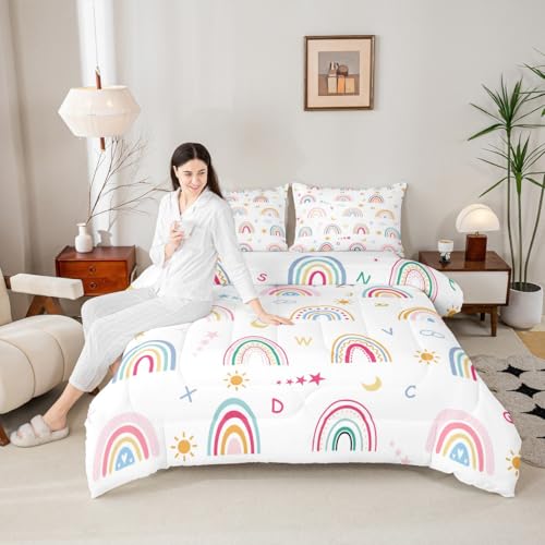 Image of Feelyou Cartoon Rainbow Letters Bedding Set Soft for Boys Girls, ABC Alphabet Comforter Set Queen Size Cute Rainbow Duvet Quilt Microfiber Educational Bedroom Decor 3 Pcs with 2 Pillow Cases