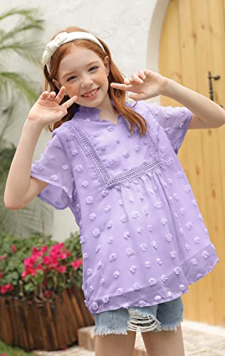 Girls Cute Dot Chiffon Blouses Short Sleeve V Neck Loose Shirts Soft Casual Summer Tops #TOP2