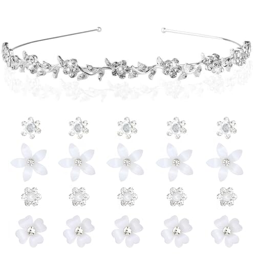 Diadem Hochzeit, Haarreif Hochzeit, Braut Haarreif, 21-teiliges Set mit Strass-Diadem und Blumen-Haarspangen, Elegant für Hochzeiten, Partys und besondere Anlässe