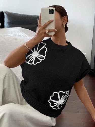 Image of SOLY HUX Women's Short Sleeve Sweater 3D Floral Sweaters Pullover Tank Tops Knit Vest Trendy Fashion Clothing