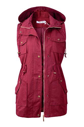 BBX Lephsnt Womens Sleeveless Military Anorak Vest Zip Up Drawstring Anorak Jacket with Pockets Wine Red