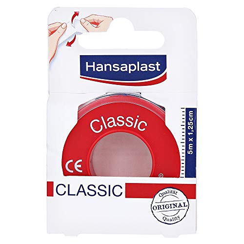 Hansaplast Fixierpflaster Classic (5 m x 1,25 cm), Tapeband zur einfachen und sicheren Fixierung von Wundverbänden, Heftpflaster Rolle mit starker Klebekraft.