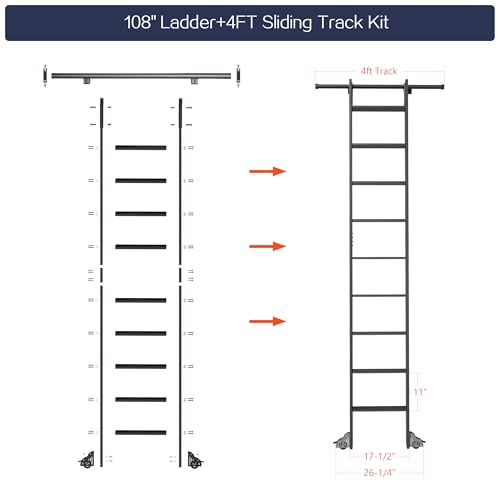 Image of 108in Sliding Library Ladder with 4FT Track Kit, Rolling Ladder with Brake Wheels & Telescopic Top Hooks, Space-Saving Vertical Storage, 9-Step Ladder for Bookshelf & Loft, Black, Aluminum, 330LBS